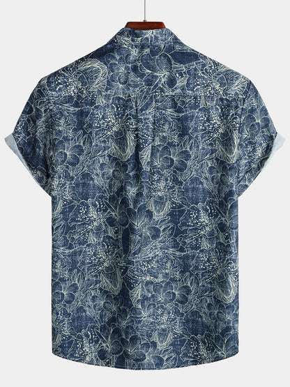 Chemise Bleu Marine À Manches Courtes De Vacances À Imprimé Floral Rétro Pour Hommes