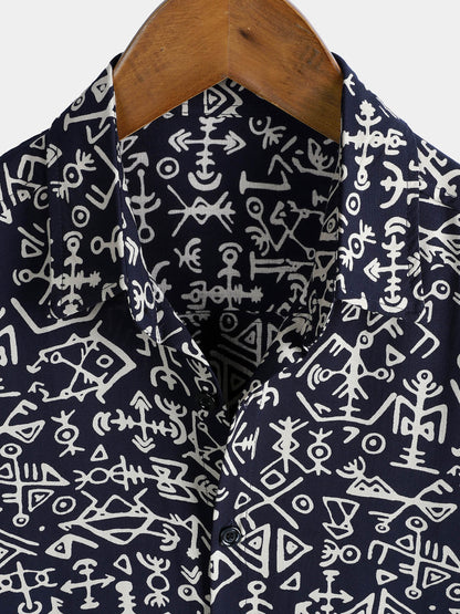 Chemise homme manches courtes imprimé tribal symboles bleu marine en rayon