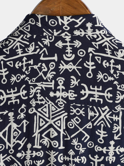Chemise homme manches courtes imprimé tribal symboles bleu marine en rayon