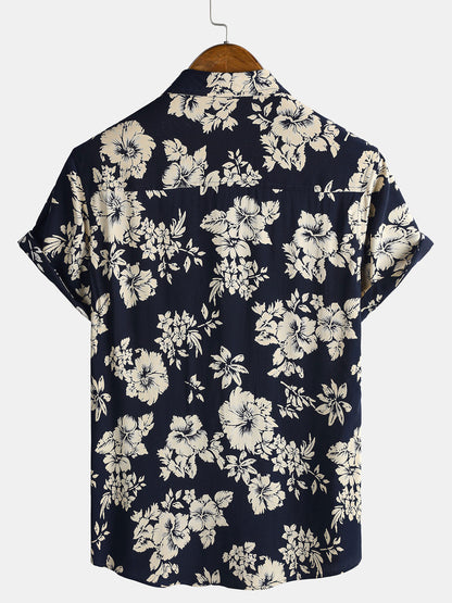 Chemise homme manches courtes imprimé floral tropical marine en rayon