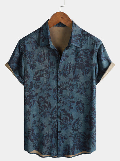 Chemise Homme Rayonne Imprimé Floral Bohème Vintage Manches Courtes