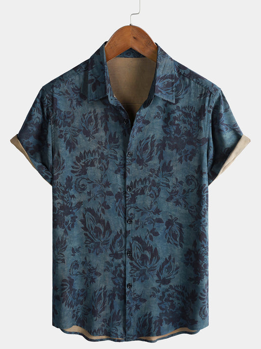 Chemise Homme Rayonne Imprimé Floral Bohème Vintage Manches Courtes