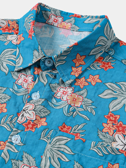 Chemise homme manches courtes imprimé floral tropical bleu plage