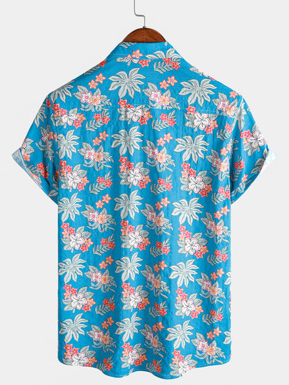Chemise homme manches courtes imprimé floral tropical bleu plage