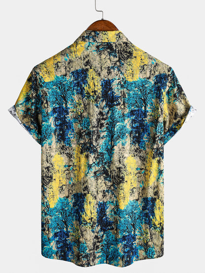 Chemise homme manches courtes imprimé abstrait vintage style bohème