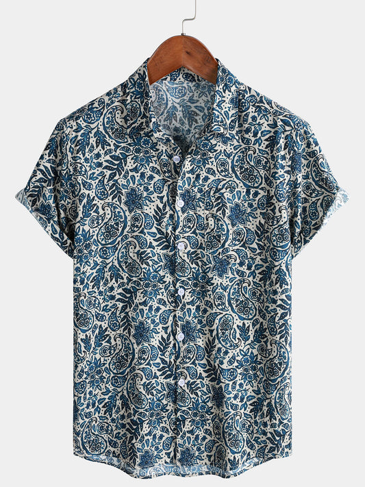 Chemise Homme Imprimé Floral Paisley Style Bohème Casual Manches Courtes