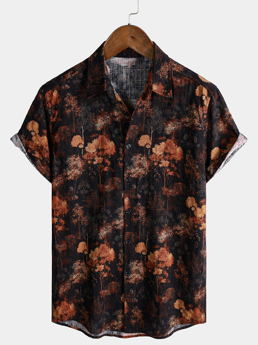 Chemise homme manches courtes imprimé paysage botanique style rétro