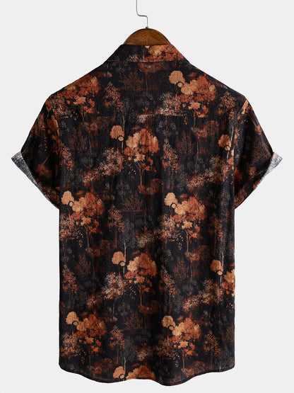 Chemise homme manches courtes imprimé paysage botanique style rétro