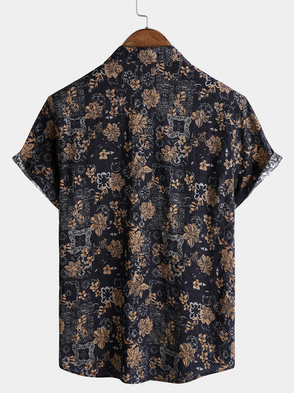 Chemise Homme Imprimé Floral Vintage Style Bohème Manches Courtes Plage