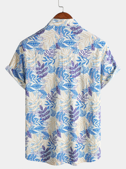Chemise homme manches courtes imprimé feuilles tropicales style bohème