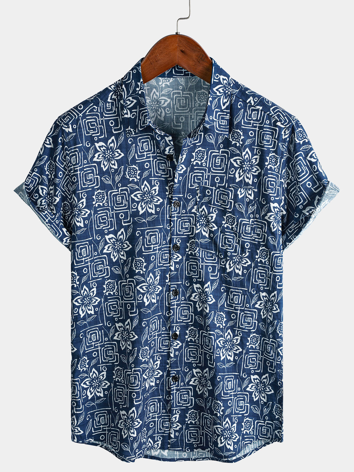Chemise Homme Imprimé Géométrique Floral Bleu Marine Style Bohème Casual Manches Courtes