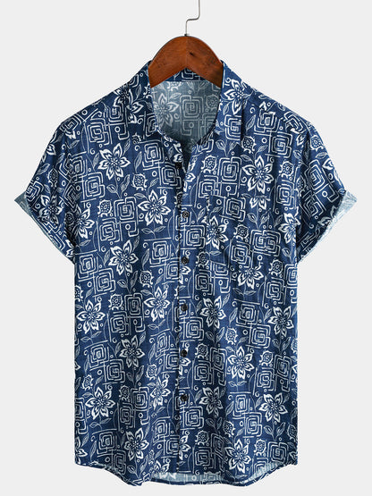 Chemise Homme Imprimé Géométrique Floral Bleu Marine Style Bohème Casual Manches Courtes