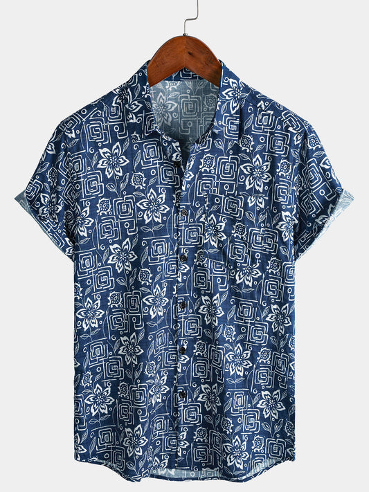 Chemise Homme Imprimé Géométrique Floral Bleu Marine Style Bohème Casual Manches Courtes