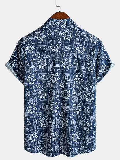 Chemise Homme Imprimé Géométrique Floral Bleu Marine Style Bohème Casual Manches Courtes