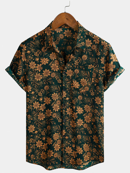 Chemise Homme Imprimé Floral Vintage Style Bohème Casual Manches Courtes