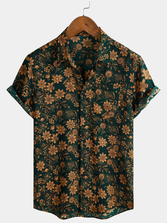 Chemise Homme Imprimé Floral Vintage Style Bohème Casual Manches Courtes