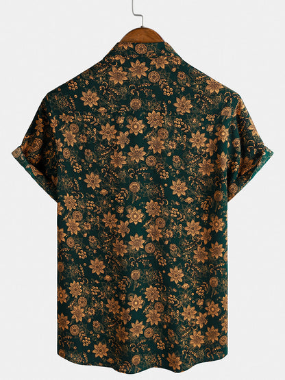 Chemise Homme Imprimé Floral Vintage Style Bohème Casual Manches Courtes