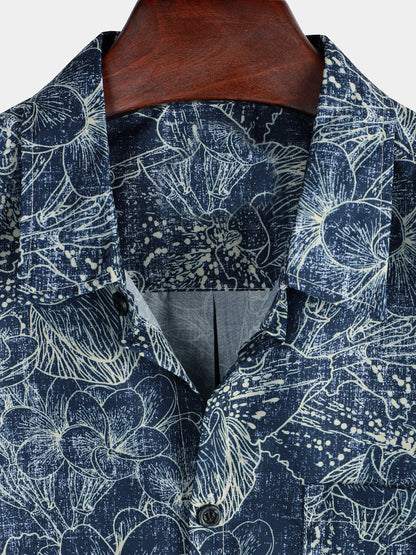 Chemise Bleu Marine À Manches Courtes De Vacances À Imprimé Floral Rétro Pour Hommes