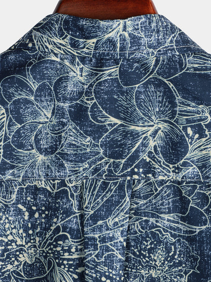 Chemise Bleu Marine À Manches Courtes De Vacances À Imprimé Floral Rétro Pour Hommes