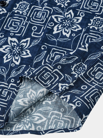 Chemise Homme Imprimé Géométrique Floral Bleu Marine Style Bohème Casual Manches Courtes