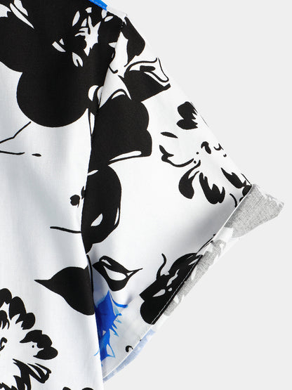 Chemise à manches courtes en coton à fleurs bleues décontractée à imprimé floral pour hommes