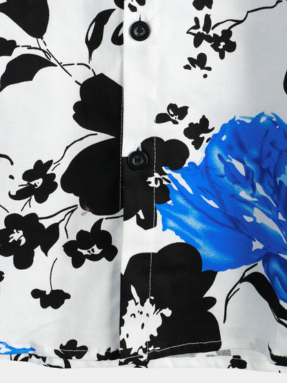 Chemise à manches courtes en coton à fleurs bleues décontractée à imprimé floral pour hommes