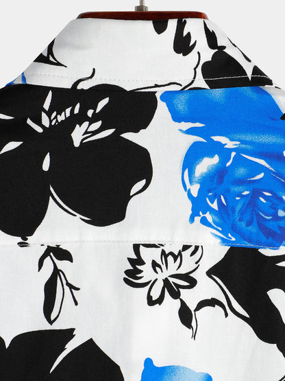 Chemise à manches courtes en coton à fleurs bleues décontractée à imprimé floral pour hommes