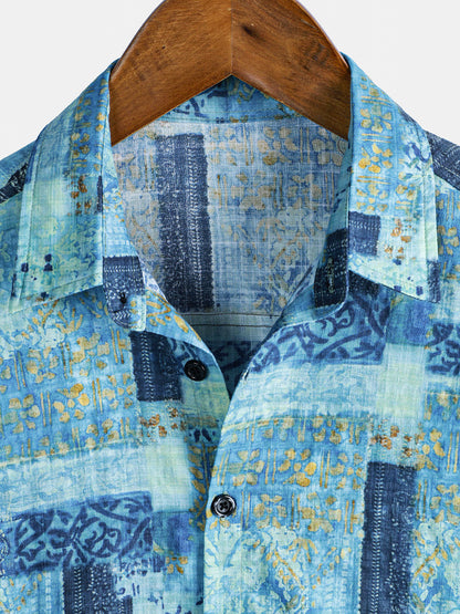 Chemise homme manches courtes patchwork en coton respirant boutonnée