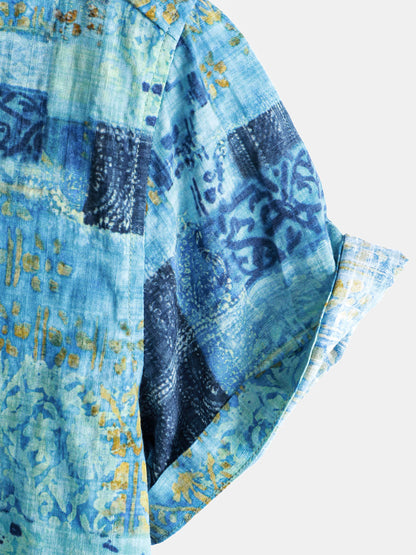 Chemise homme manches courtes patchwork en coton respirant boutonnée