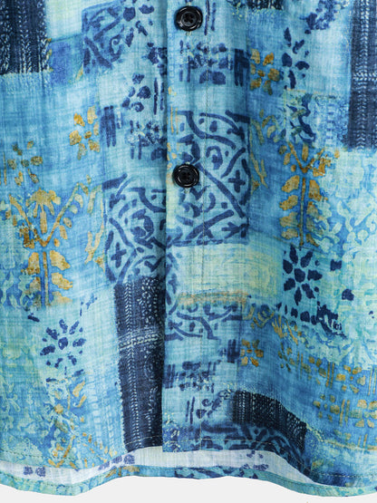 Chemise homme manches courtes patchwork en coton respirant boutonnée