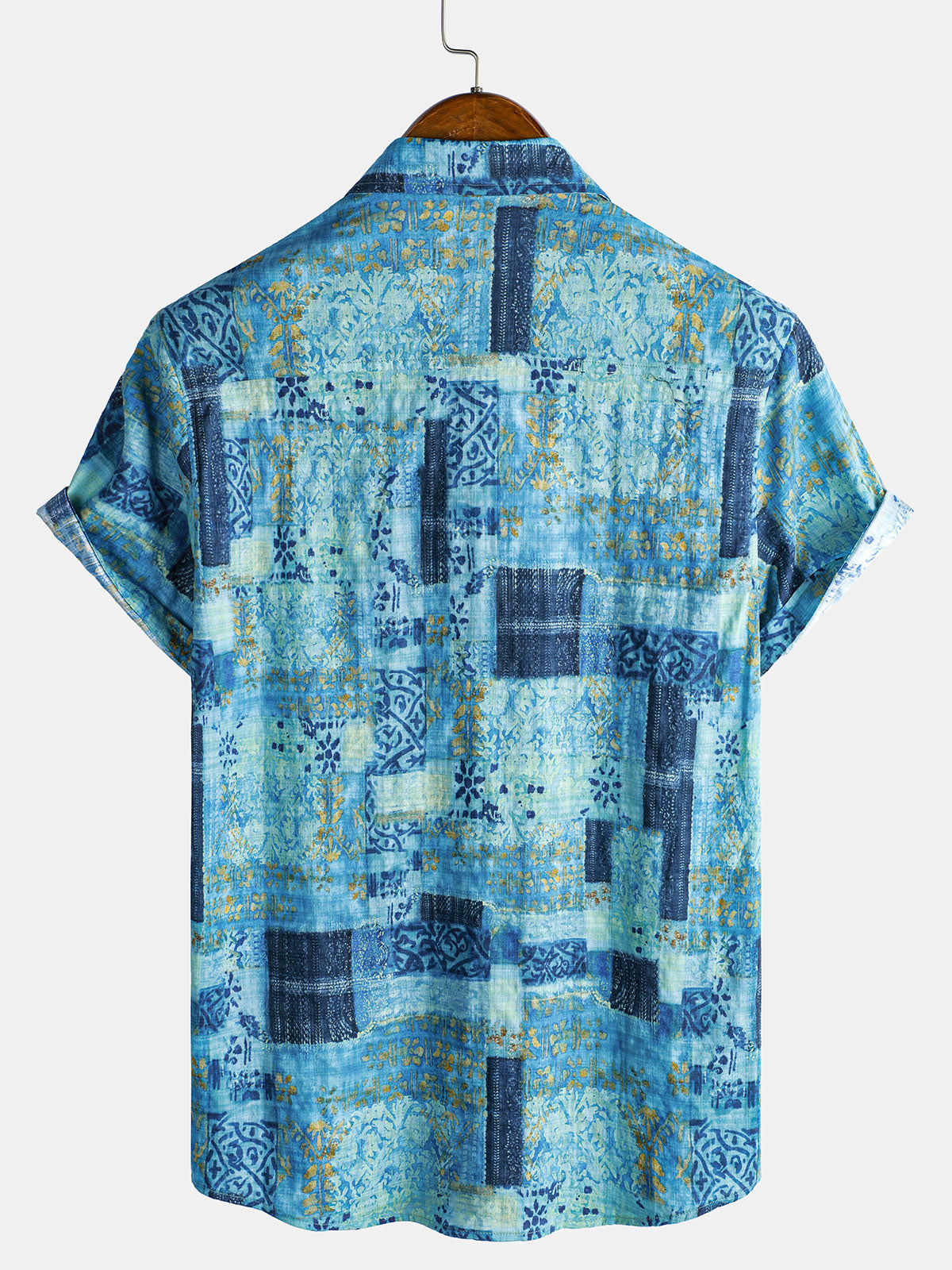Chemise homme manches courtes patchwork en coton respirant boutonnée