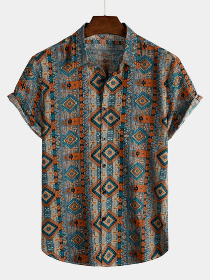 Chemise Homme Rétro Années 70 Patchwork Vintage Manches Courtes Boutonnée