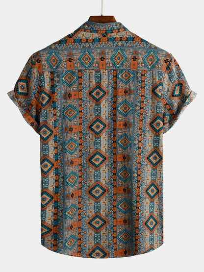 Chemise Homme Rétro Années 70 Patchwork Vintage Manches Courtes Boutonnée