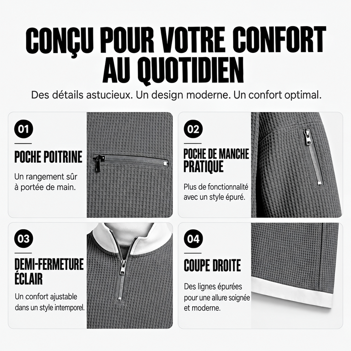 Pull homme | Pull gaufré avec demi-zip