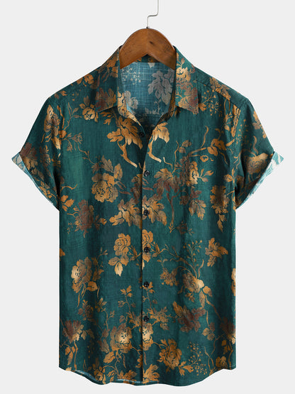 Chemise manches courtes hawaïenne verte vintage en coton