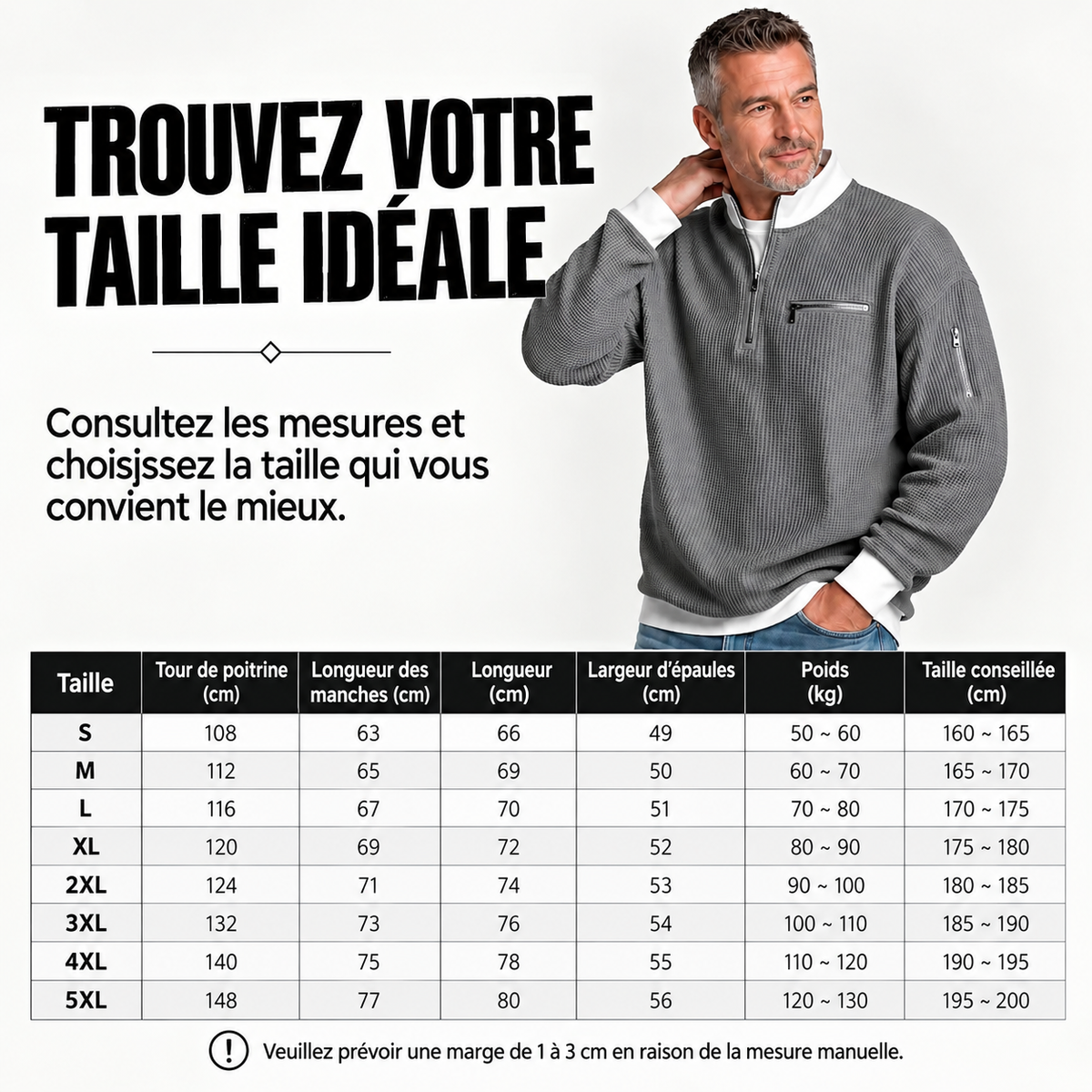 Pull homme | Pull gaufré avec demi-zip