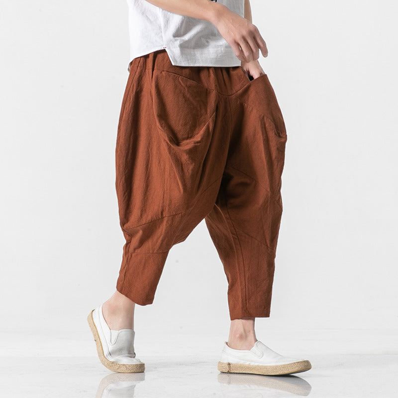 Pantalon Sarouel Ample en Coton et Lin