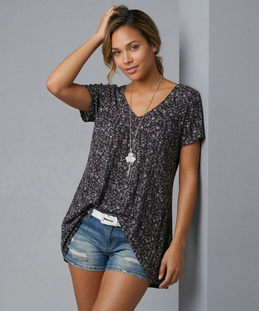 Ovwiss | T-shirt Élégance Florale Col V