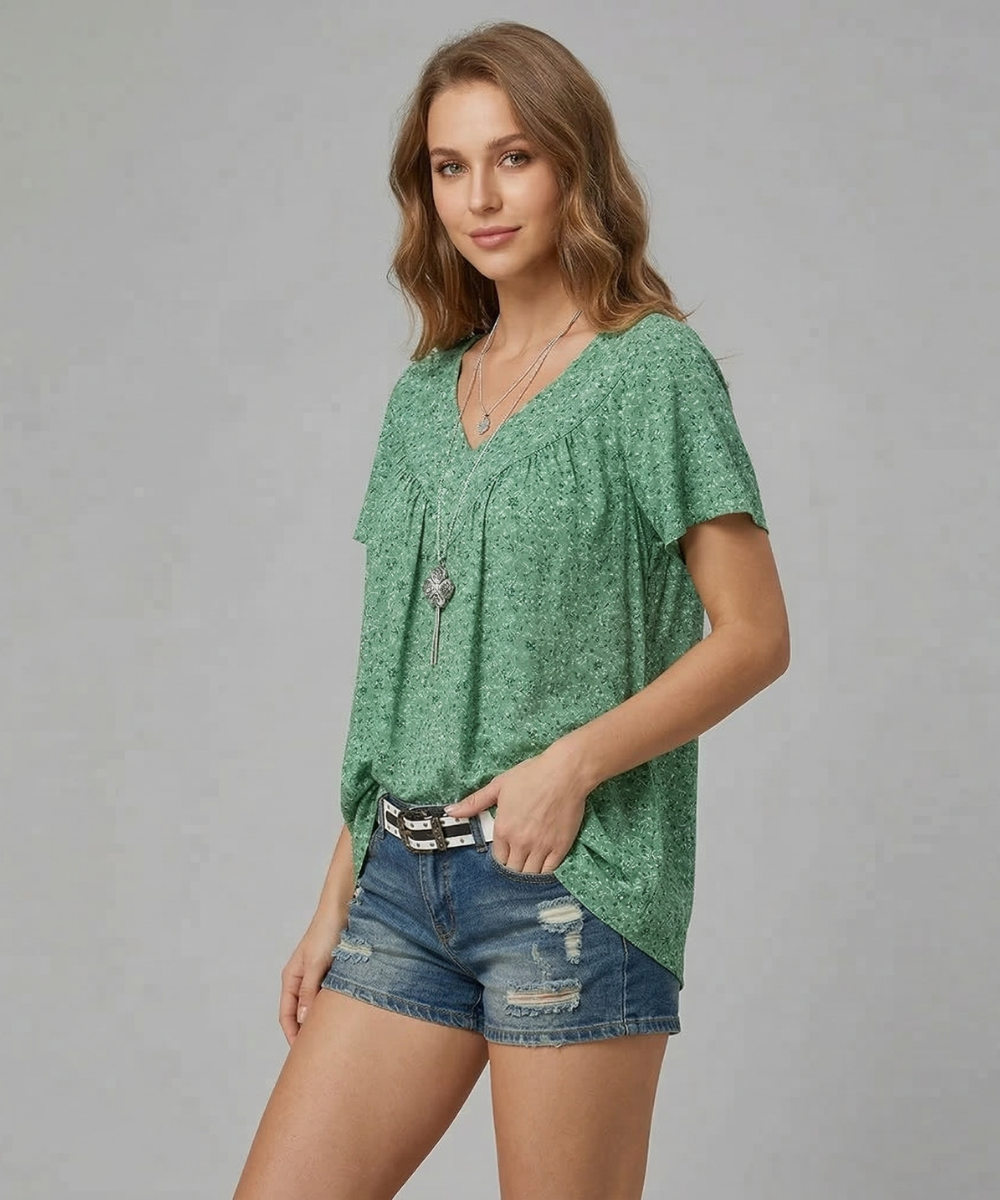 Ovwiss | T-shirt Élégance Florale Col V
