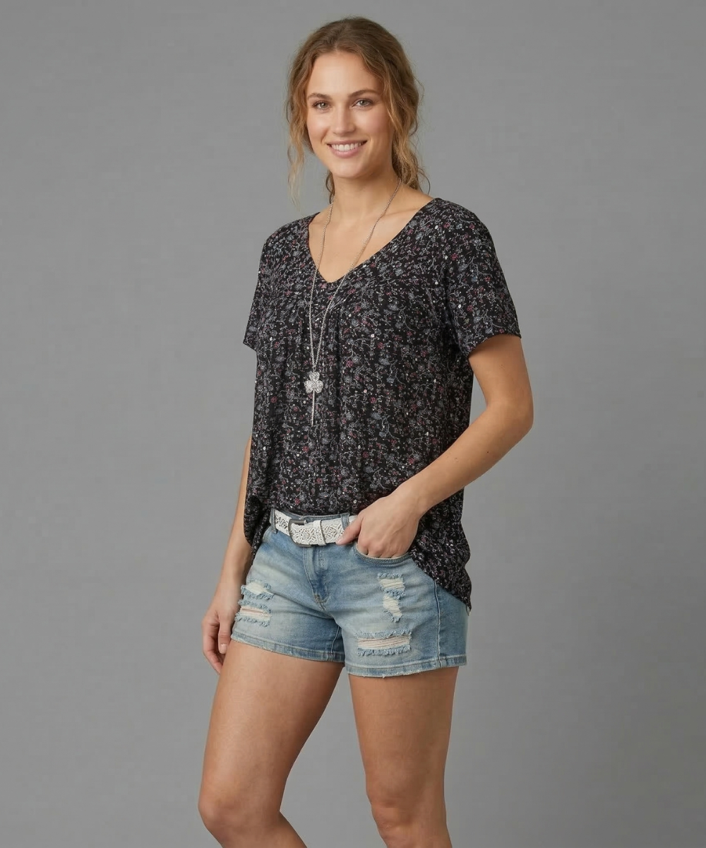 Ovwiss | T-shirt Élégance Florale Col V