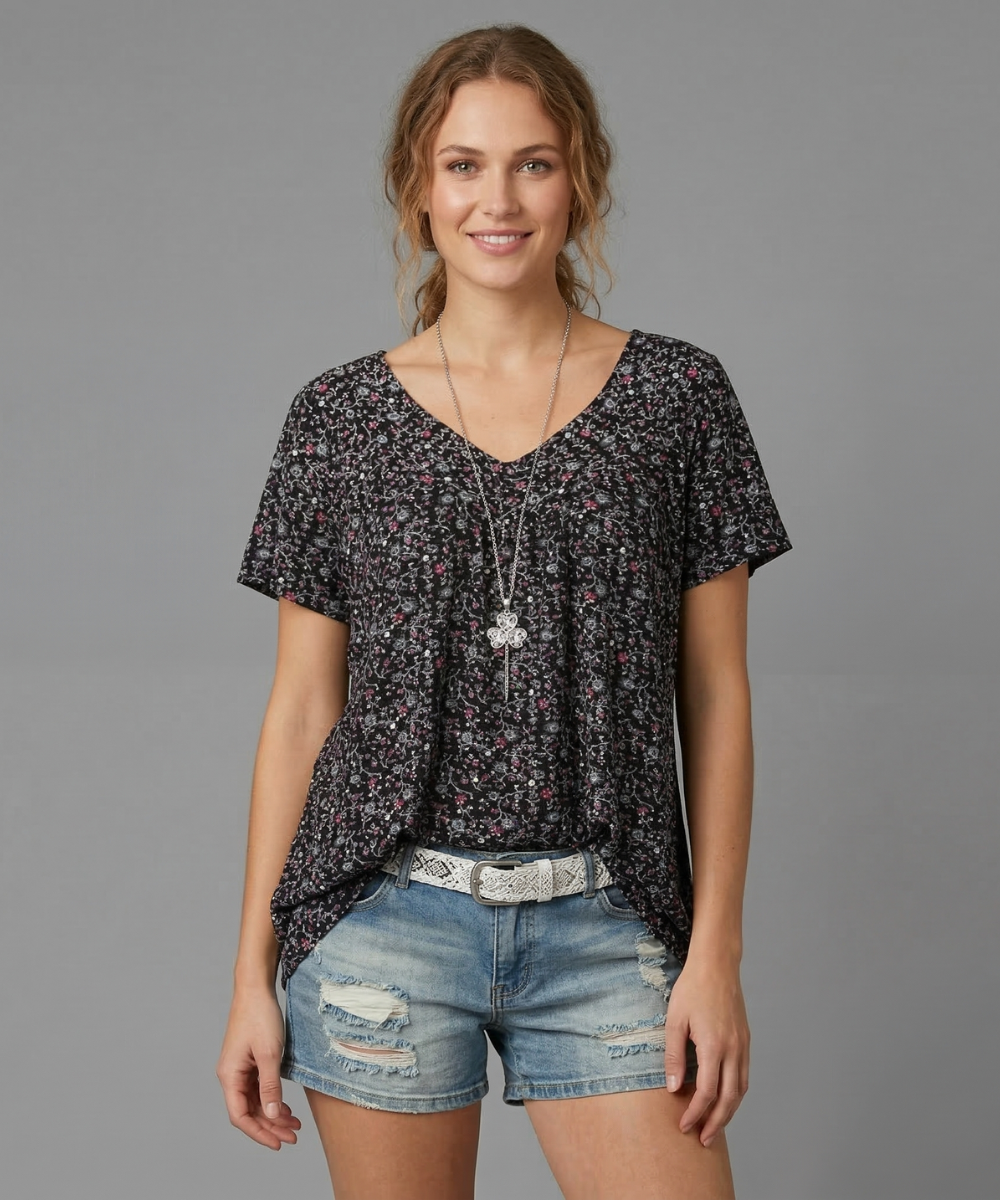Ovwiss | T-shirt Élégance Florale Col V
