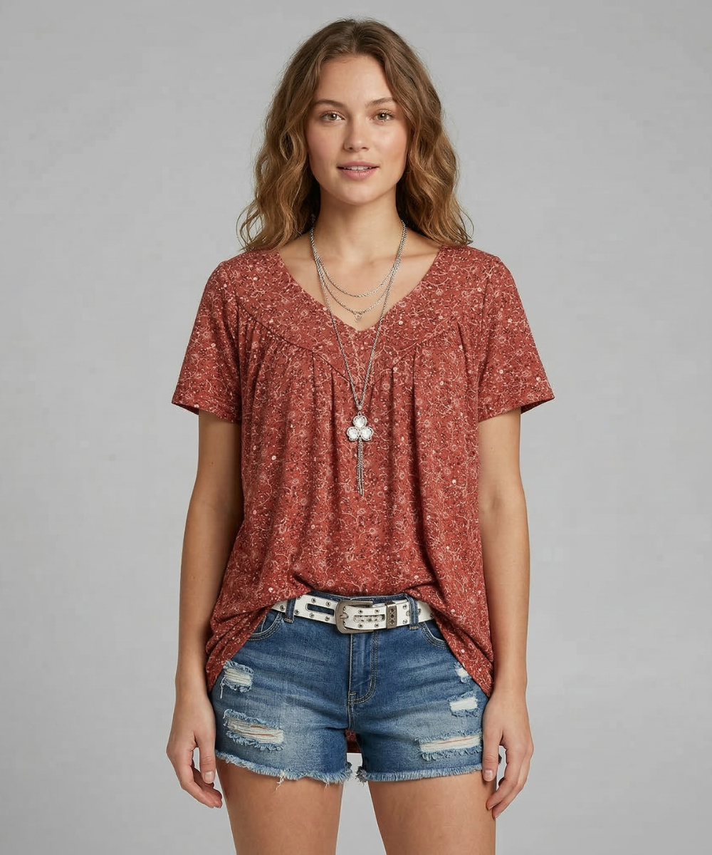 Ovwiss | T-shirt Élégance Florale Col V