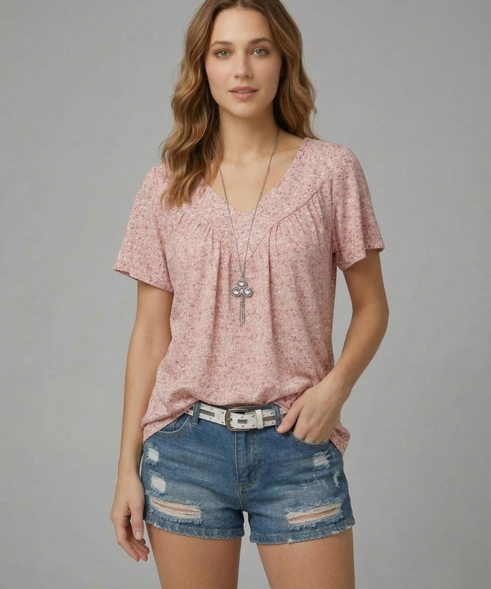 Ovwiss | T-shirt Élégance Florale Col V