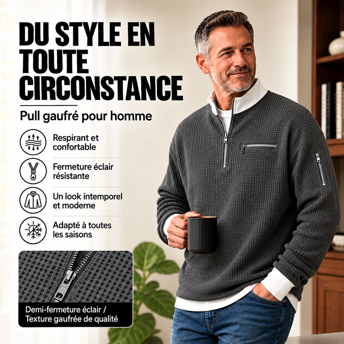 Pull homme | Pull gaufré avec demi-zip