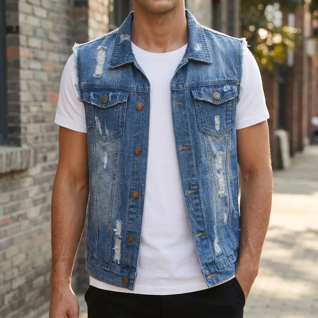 Lion Style | Washed Denim Vest | Distressed